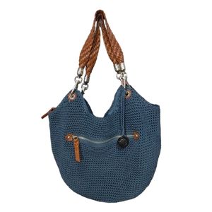 The Sak Blue Crochet Knit Woven Leather Handle Hobo Shoulder Bag Purse Satchel